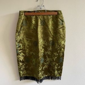 Vintage sateen skirt with floral print and beaded fringe— fits like a modern 4.